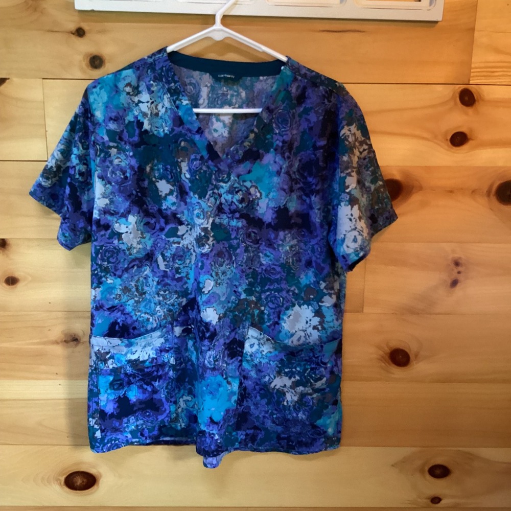 Carhartt Womens Scrub Top Large Blue Purple Floral V-Neck Ripstop Stretch C12114